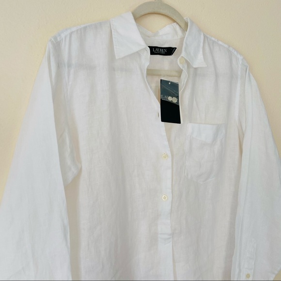 New Lauren Ralph Lauren white linen relaxed fit half button long sleeve shirt - Picture 9 of 11